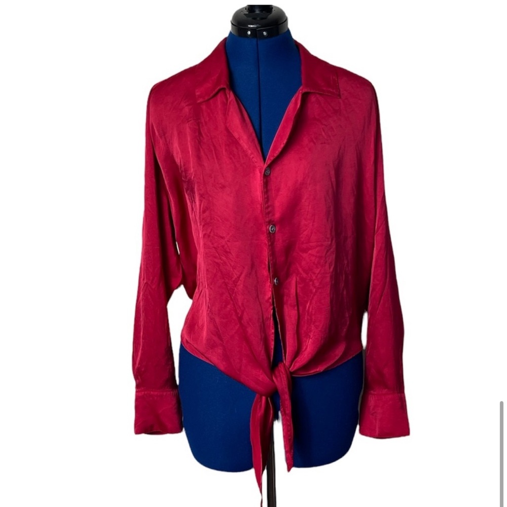 Fifteen Twenty Tie Front Boho Red Long Sleeves Button Down Oversized S 2…